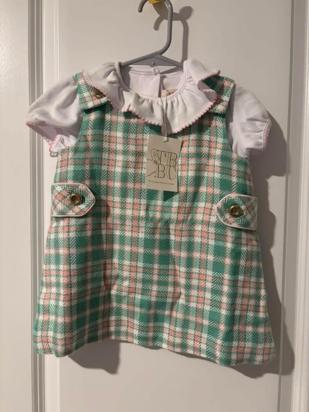 TBBC Green & Pink Plaid Toddler Dress with White Ruffle Collar